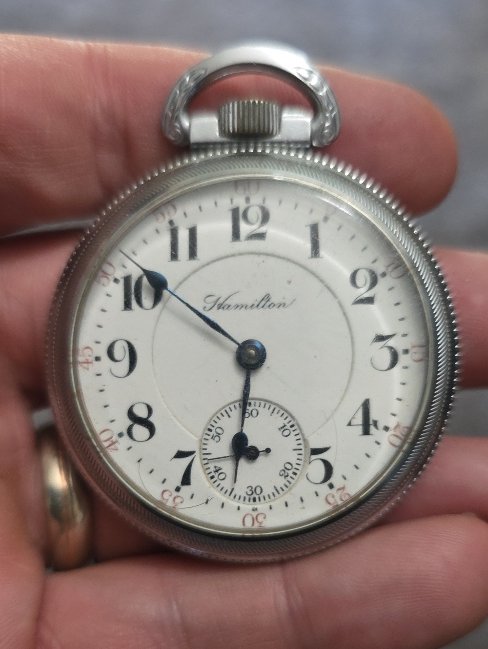 1907 Hamilton 940 Railroad Silver Pocket Watch with White Dial and Blue Hands